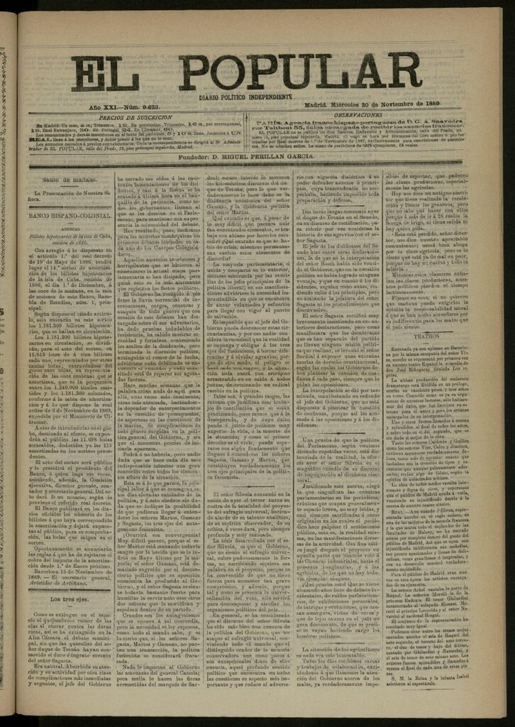 Miniatura de El Popular: diario independiente, político, literario y de noticias de interés general del 20 de noviembre de 1889, nº 9623