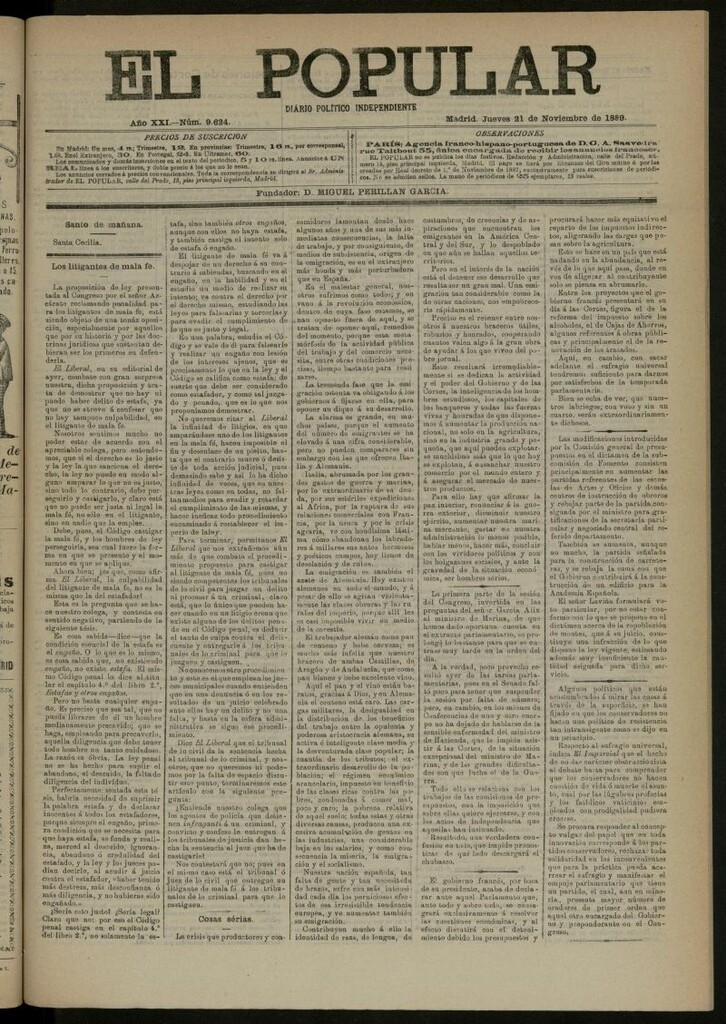 Miniatura de El Popular: diario independiente, político, literario y de noticias de interés general del 21 de noviembre de 1889, nº 9624