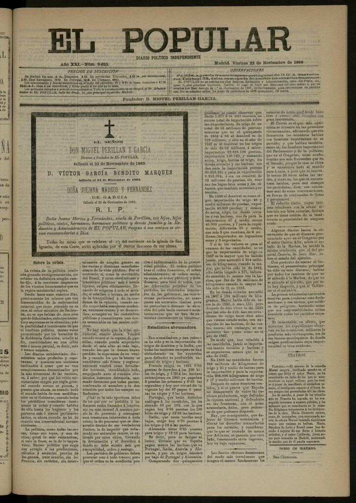 Miniatura de El Popular: diario independiente, político, literario y de noticias de interés general del 22 de noviembre de 1889, nº 9625