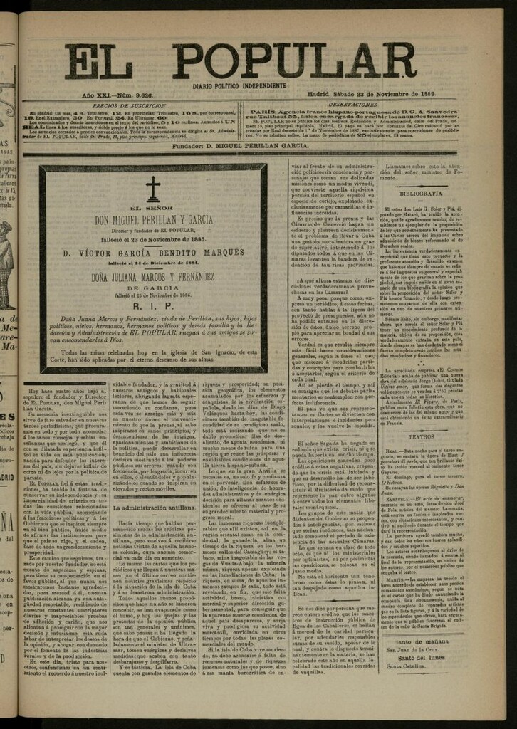 Miniatura de El Popular: diario independiente, político, literario y de noticias de interés general del 23 de noviembre de 1889, nº 9626