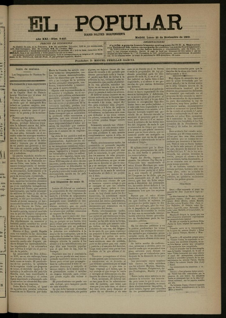 Miniatura de El Popular: diario independiente, político, literario y de noticias de interés general del 25 de noviembre de 1889, nº 9627
