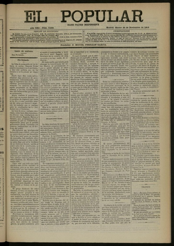 Miniatura de El Popular: diario independiente, político, literario y de noticias de interés general del 26 de noviembre de 1889, nº 9628