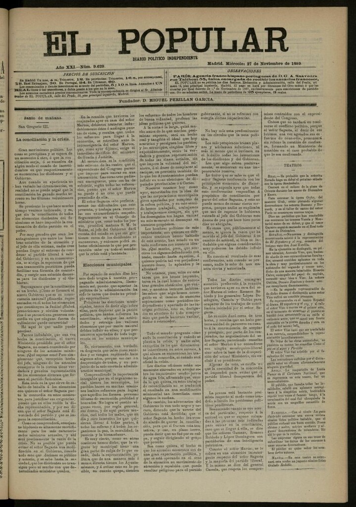 Miniatura de El Popular: diario independiente, político, literario y de noticias de interés general del 27 de noviembre de 1889, nº 9629