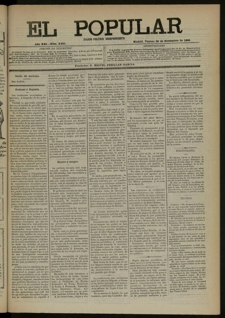 Miniatura de El Popular: diario independiente, político, literario y de noticias de interés general del 29 de noviembre de 1889, nº 9631