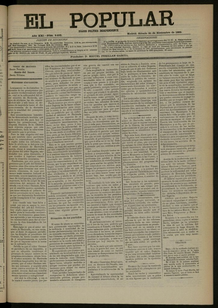 Miniatura de El Popular: diario independiente, político, literario y de noticias de interés general del 30 de noviembre de 1889, nº 9632