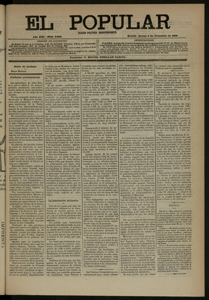 Miniatura de El Popular: diario independiente, político, literario y de noticias de interés general del 3 de diciembre de 1889, nº 9634