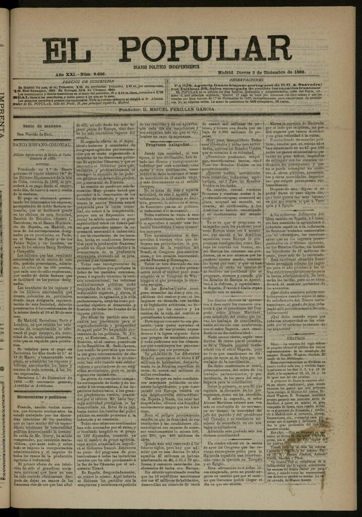 Miniatura de El Popular: diario independiente, político, literario y de noticias de interés general del 5 de diciembre de 1889, nº 9636
