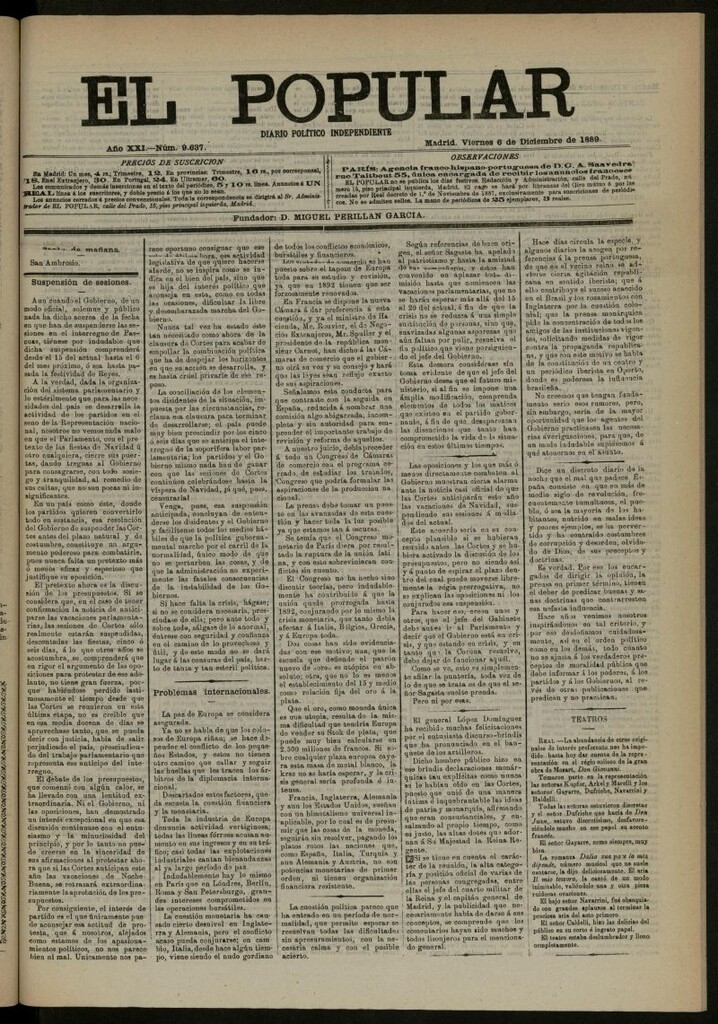 Miniatura de El Popular: diario independiente, político, literario y de noticias de interés general del 6 de diciembre de 1889, nº 9637