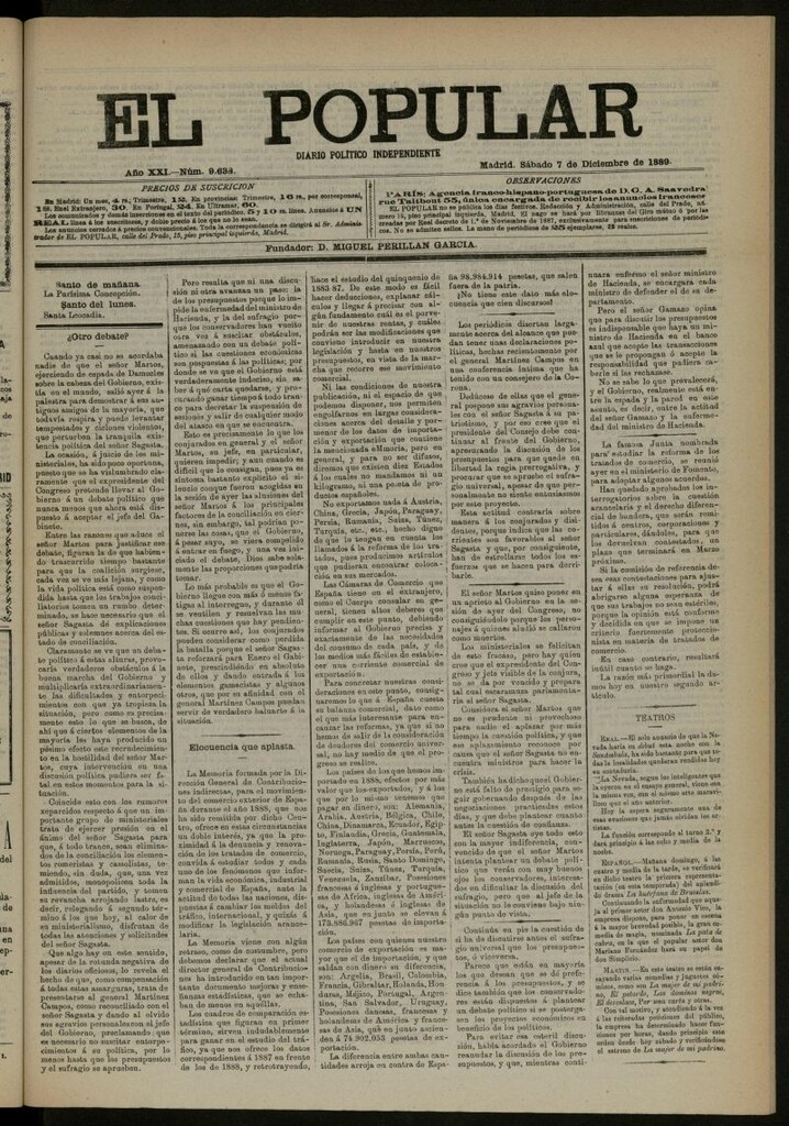 Miniatura de El Popular: diario independiente, político, literario y de noticias de interés general del 7 de diciembre de 1889, nº 9638