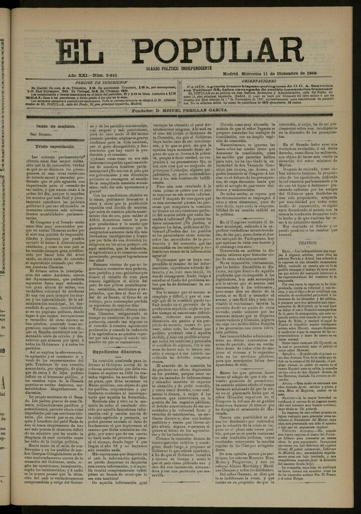 Miniatura de El Popular: diario independiente, político, literario y de noticias de interés general del 11 de diciembre de 1889, nº 9641