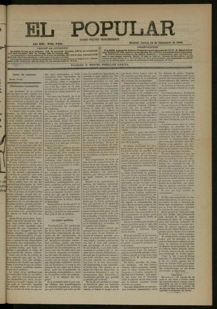 Miniatura de El Popular: diario independiente, político, literario y de noticias de interés general del 12 de diciembre de 1889, nº 9642