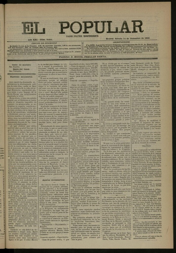 Miniatura de El Popular: diario independiente, político, literario y de noticias de interés general del 14 de diciembre de 1889, nº 9644