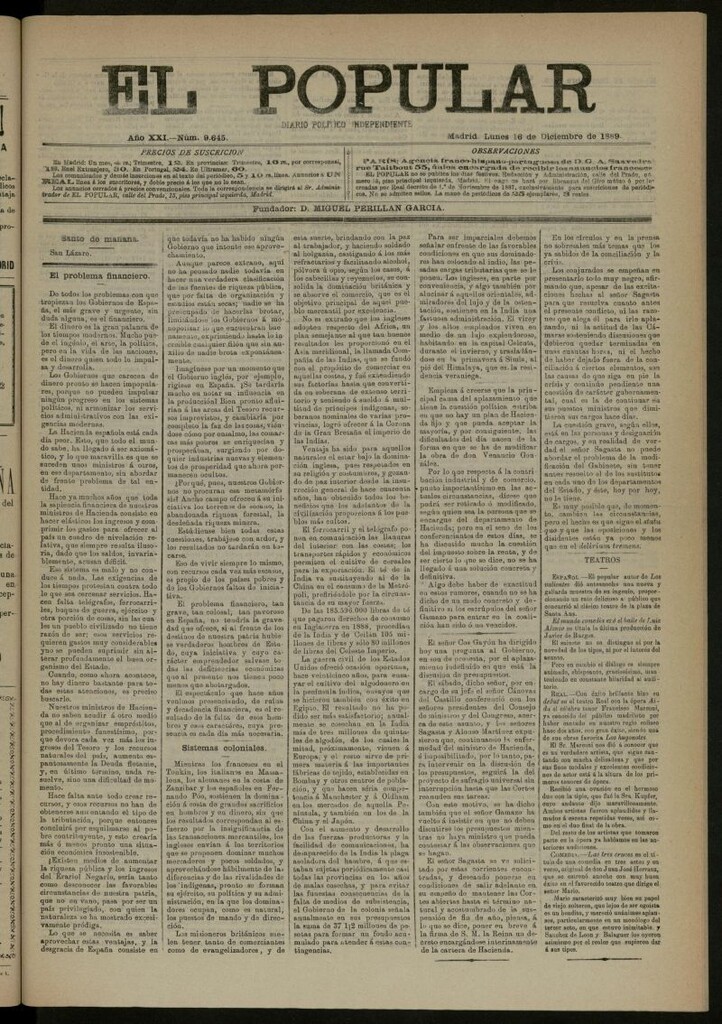 Miniatura de El Popular: diario independiente, político, literario y de noticias de interés general del 16 de diciembre de 1889, nº 9645