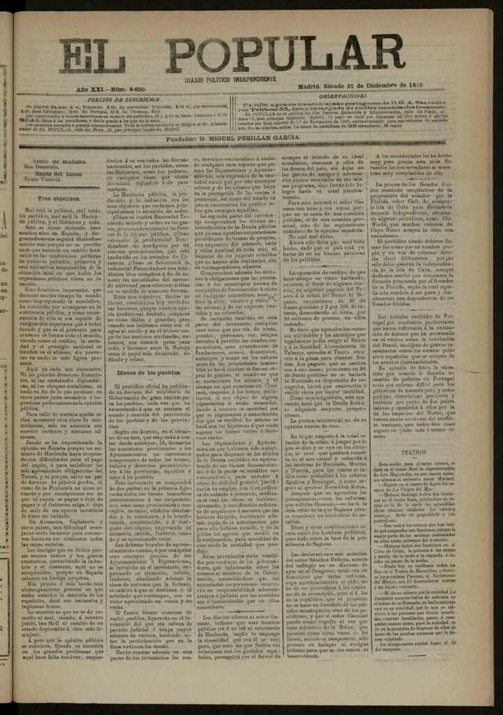 Miniatura de El Popular: diario independiente, político, literario y de noticias de interés general del 21 de diciembre de 1889, nº 9650