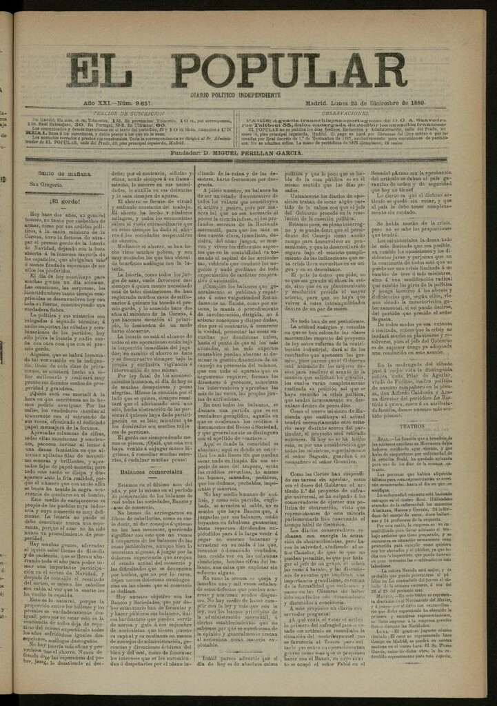 Miniatura de El Popular: diario independiente, político, literario y de noticias de interés general del 23 de diciembre de 1889, nº 9651