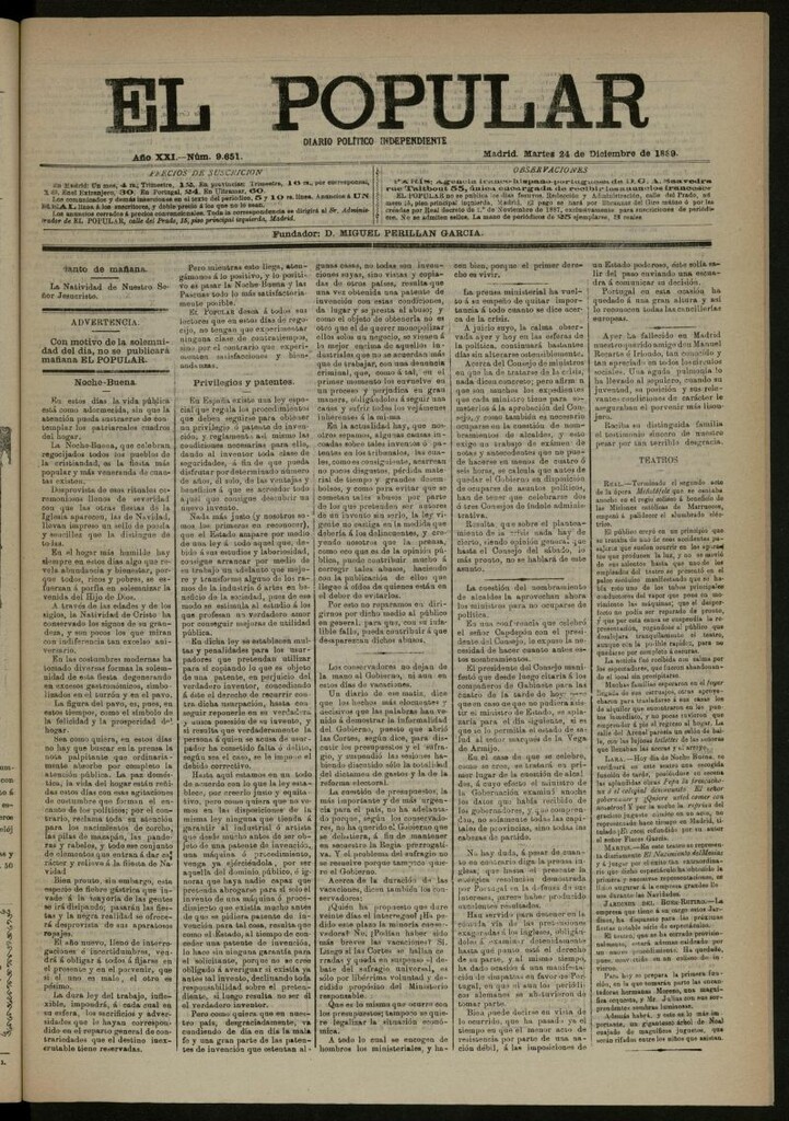 Miniatura de El Popular: diario independiente, político, literario y de noticias de interés general del 24 de diciembre de 1889, nº 9651 [sic]