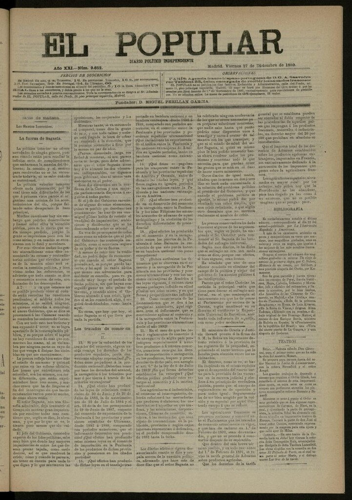 Miniatura de El Popular: diario independiente, político, literario y de noticias de interés general del 27 de diciembre de 1889, nº 9652
