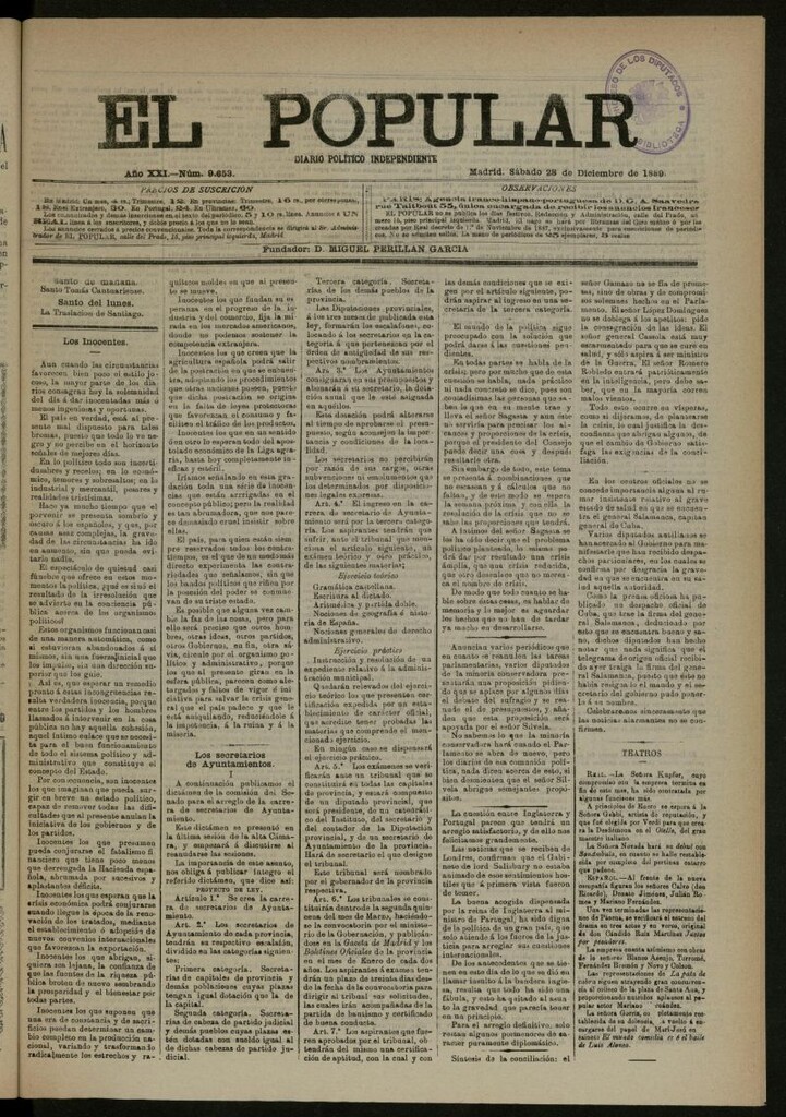 Miniatura de El Popular: diario independiente, político, literario y de noticias de interés general del 28 de diciembre de 1889, nº 9653