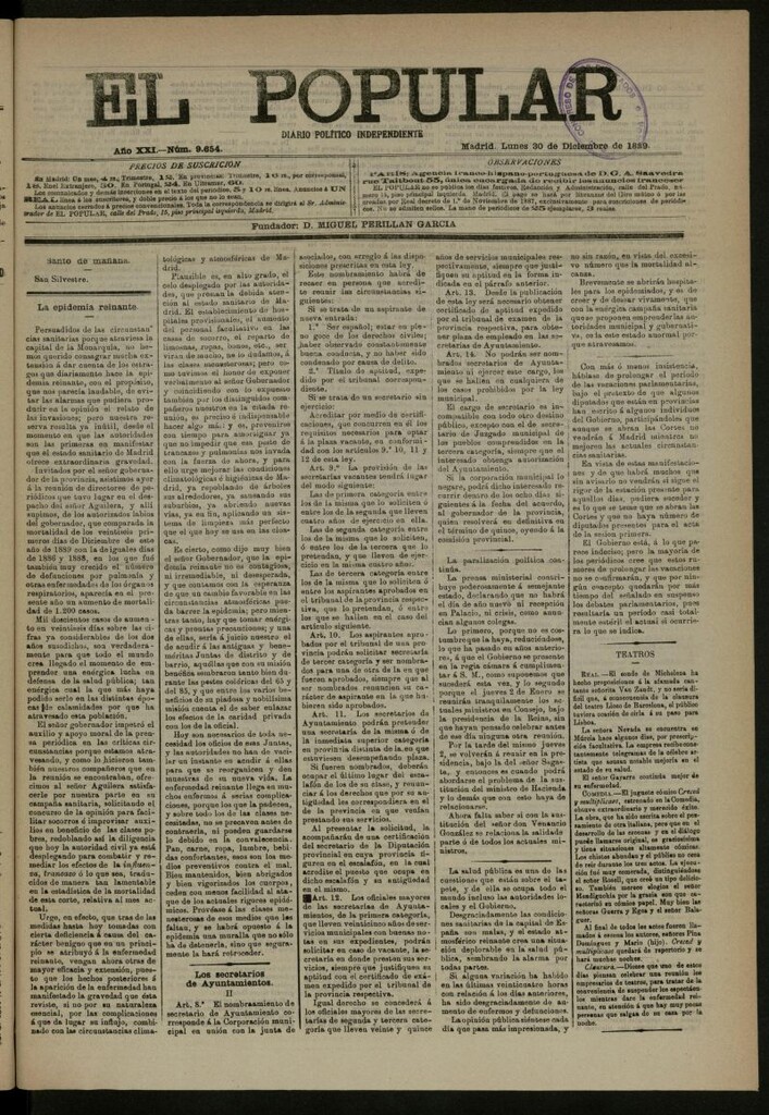 Miniatura de El Popular: diario independiente, político, literario y de noticias de interés general del 30 de diciembre de 1889, nº 9654