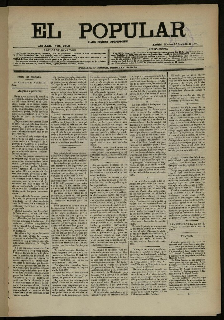 Miniatura de El Popular: diario independiente, político, literario y de noticias de interés general del 1 de julio de 1890, nº 9802