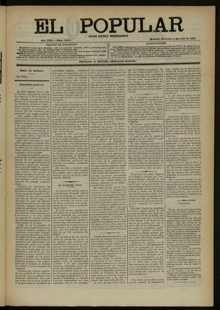 Miniatura de El Popular: diario independiente, político, literario y de noticias de interés general del 2 de julio de 1890, nº 9803