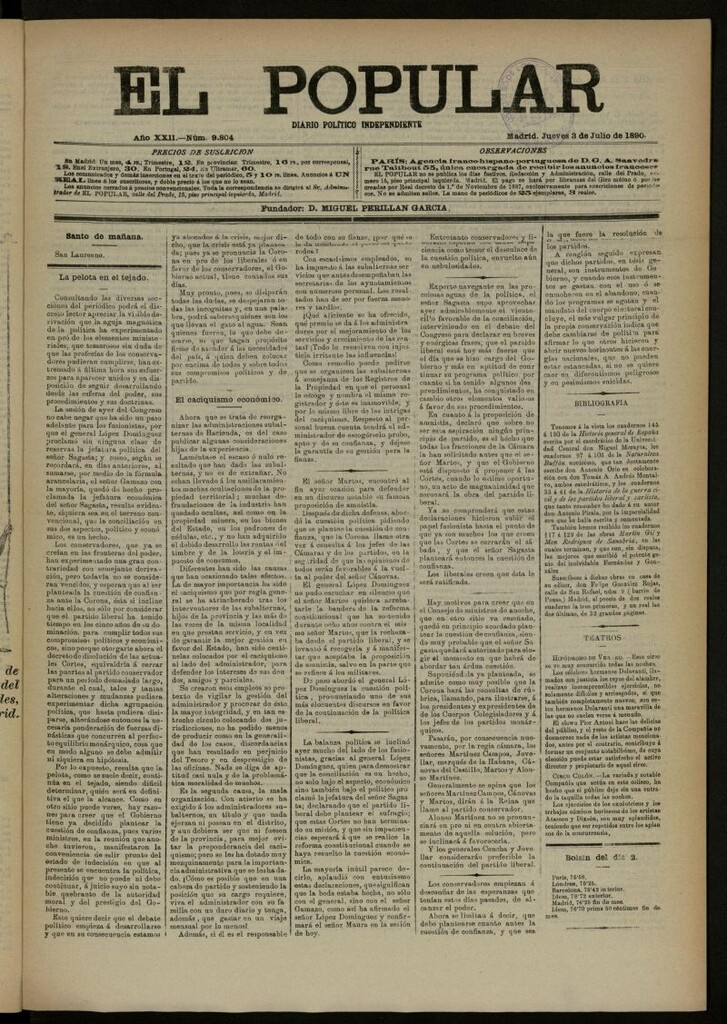 Miniatura de El Popular: diario independiente, político, literario y de noticias de interés general del 3 de julio de 1890, nº 9804