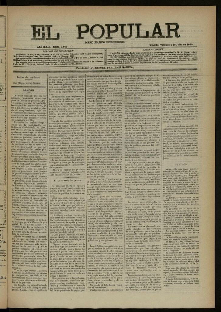 Miniatura de El Popular: diario independiente, político, literario y de noticias de interés general del 4 de julio de 1890, nº 9805