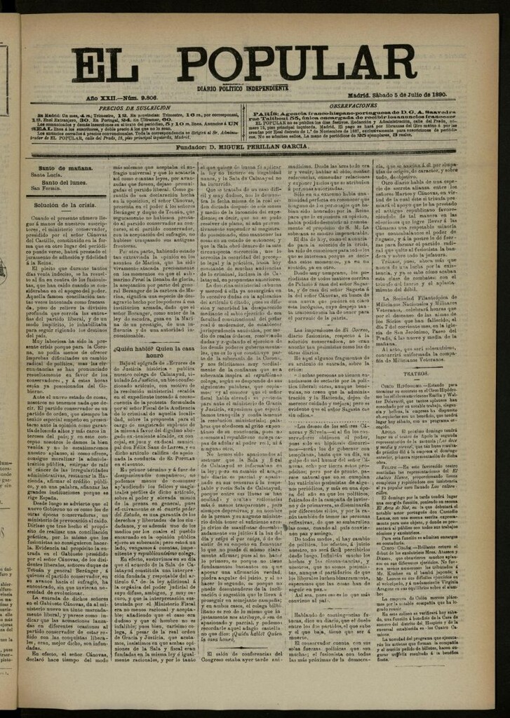 Miniatura de El Popular: diario independiente, político, literario y de noticias de interés general del 5 de julio de 1890, nº 9806