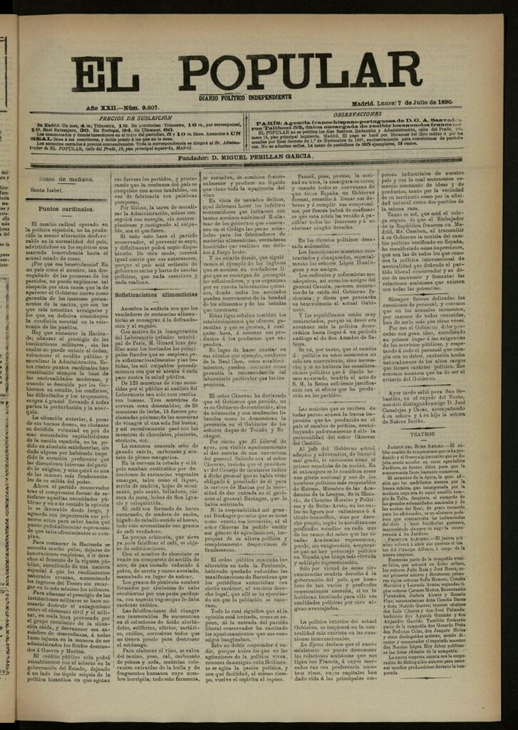 Miniatura de El Popular: diario independiente, político, literario y de noticias de interés general del 7 de julio de 1890, nº 9807