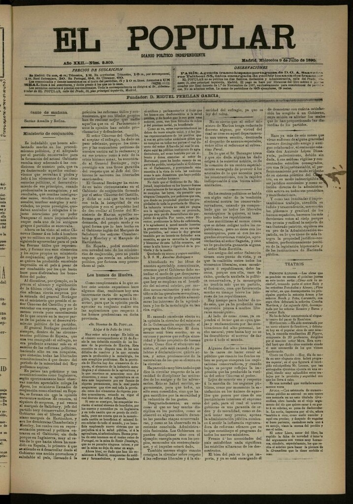 Miniatura de El Popular: diario independiente, político, literario y de noticias de interés general del 9 de julio de 1890, nº 9809