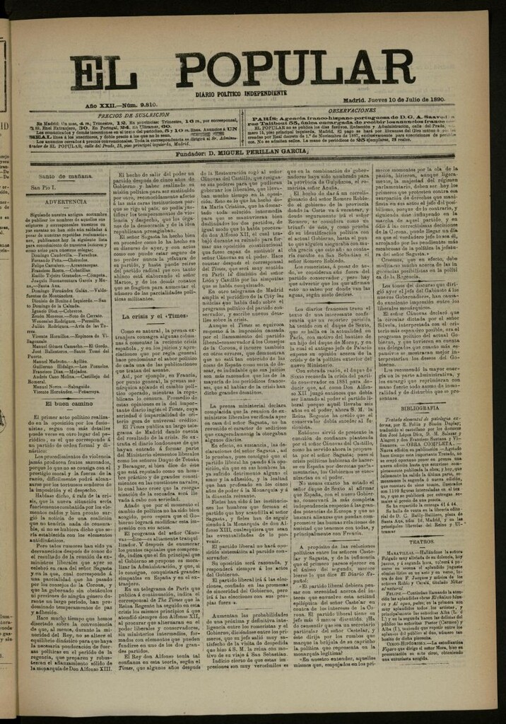 Miniatura de El Popular: diario independiente, político, literario y de noticias de interés general del 10 de julio de 1890, nº 9810