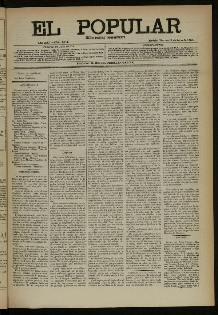 Miniatura de El Popular: diario independiente, político, literario y de noticias de interés general del 11 de julio de 1890, nº 9811