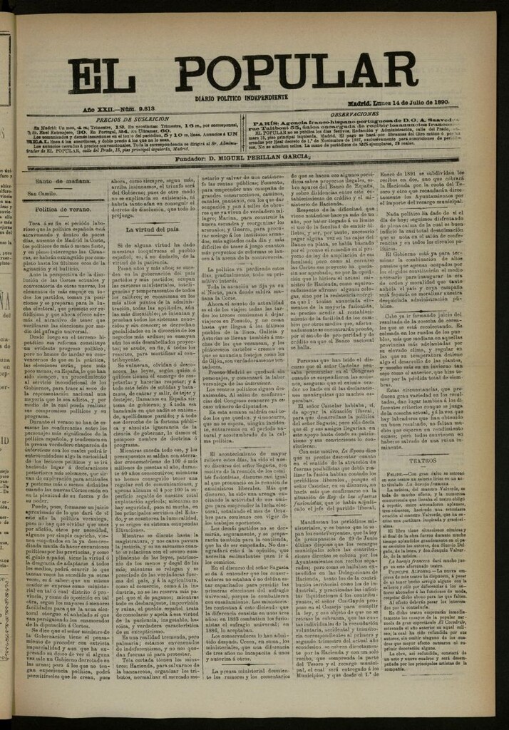 Miniatura de El Popular: diario independiente, político, literario y de noticias de interés general del 14 de julio de 1890, nº 9813