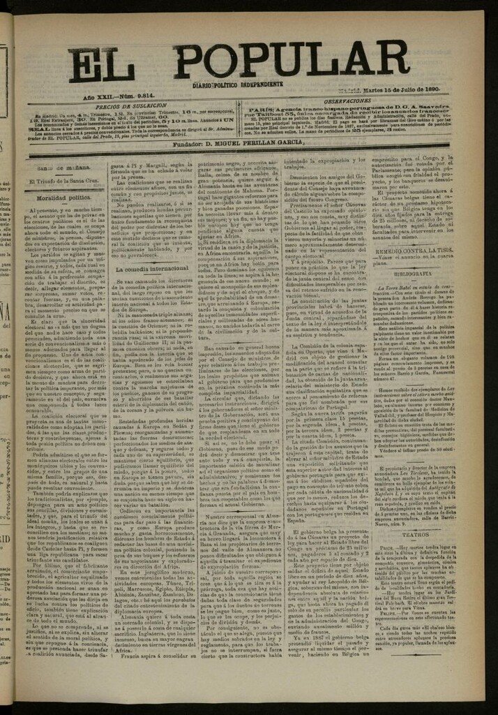 Miniatura de El Popular: diario independiente, político, literario y de noticias de interés general del 15 de julio de 1890, nº 9814