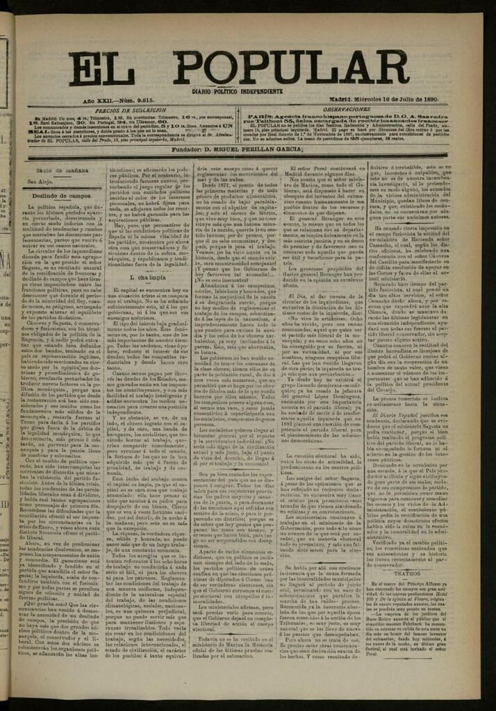 Miniatura de El Popular: diario independiente, político, literario y de noticias de interés general del 16 de julio de 1890, nº 9815