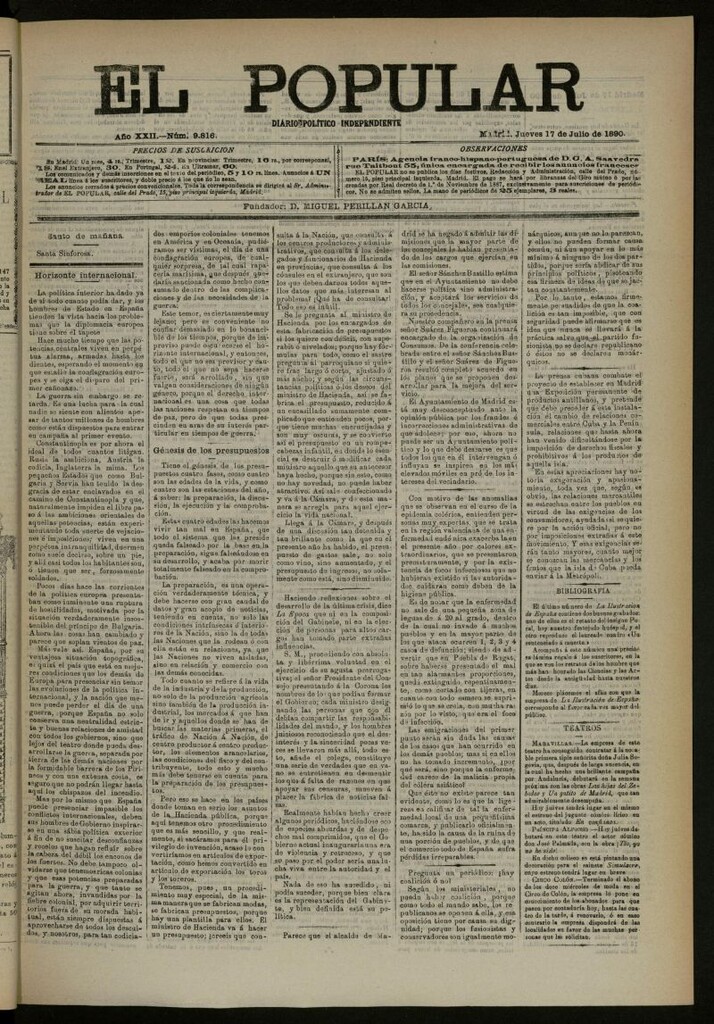 Miniatura de El Popular: diario independiente, político, literario y de noticias de interés general del 17 de julio de 1890, nº 9816