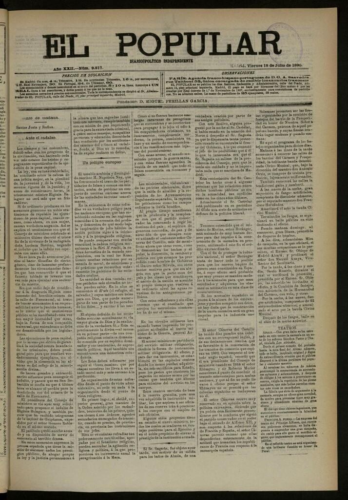 Miniatura de El Popular: diario independiente, político, literario y de noticias de interés general del 18 de julio de 1890, nº 9817