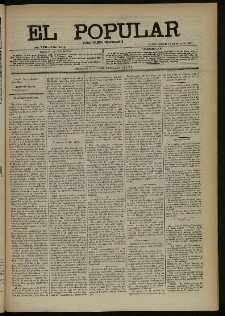 Miniatura de El Popular: diario independiente, político, literario y de noticias de interés general del 19 de julio de 1890, nº 9818