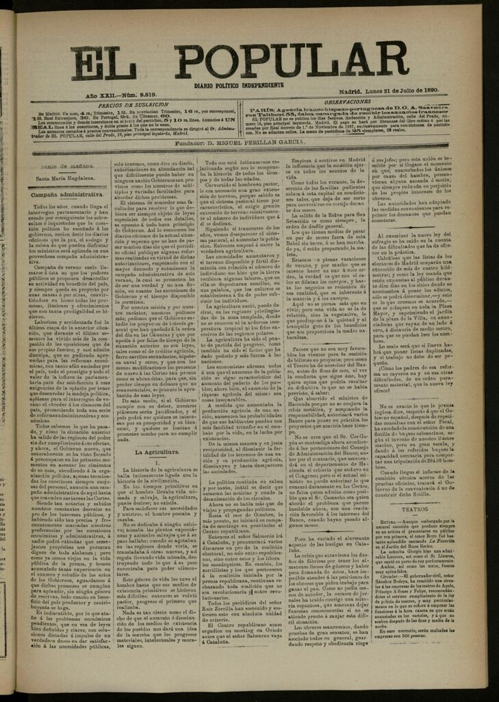 Miniatura de El Popular: diario independiente, político, literario y de noticias de interés general del 21 de julio de 1890, nº 9819