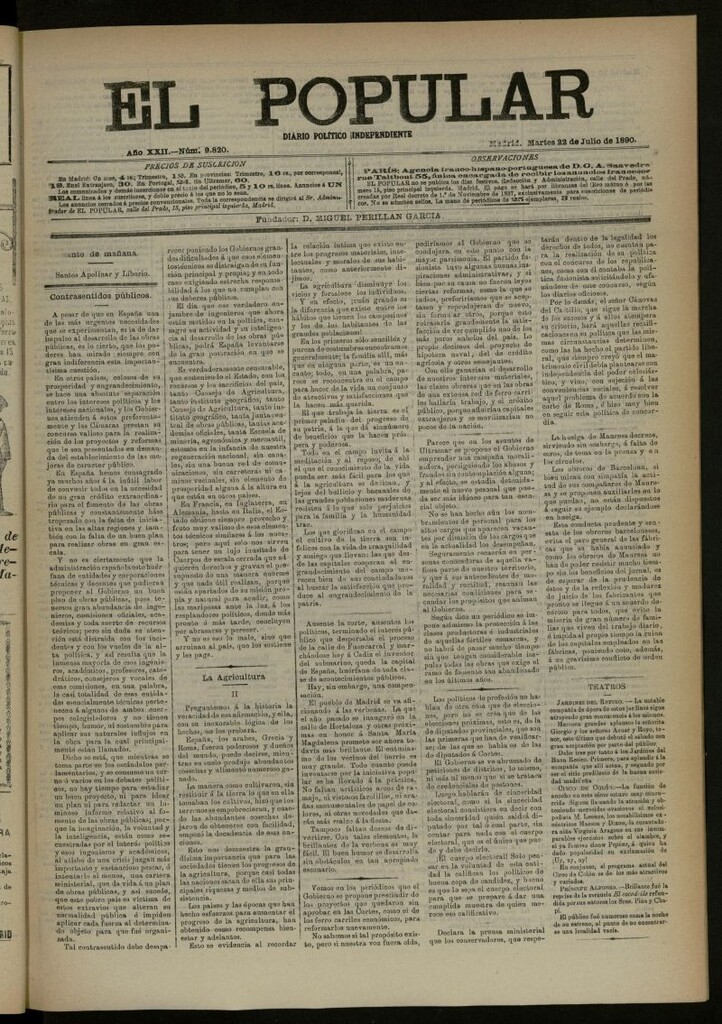 Miniatura de El Popular: diario independiente, político, literario y de noticias de interés general del 22 de julio de 1890, nº 9820