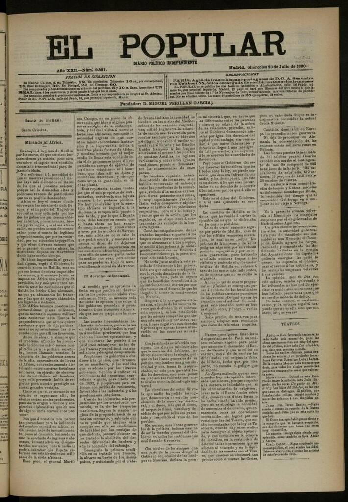 Miniatura de El Popular: diario independiente, político, literario y de noticias de interés general del 23 de julio de 1890, nº 9821
