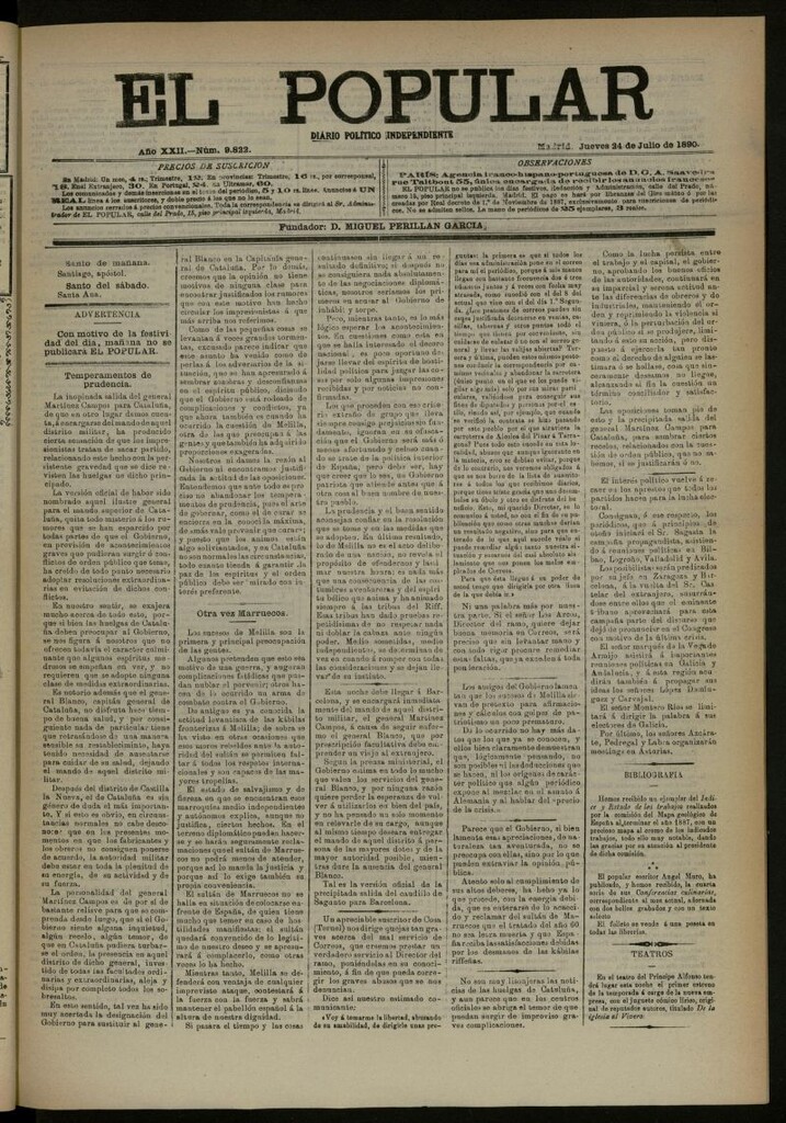 Miniatura de El Popular: diario independiente, político, literario y de noticias de interés general del 24 de julio de 1890, nº 9822