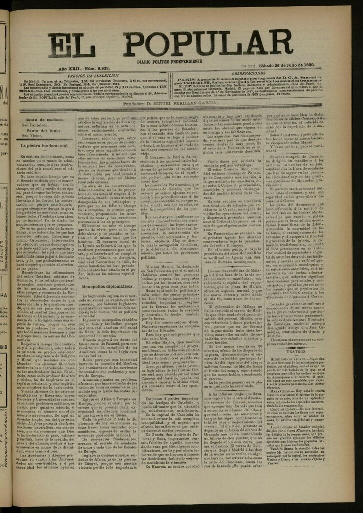 Miniatura de El Popular: diario independiente, político, literario y de noticias de interés general del 26 de julio de 1890, nº 9823