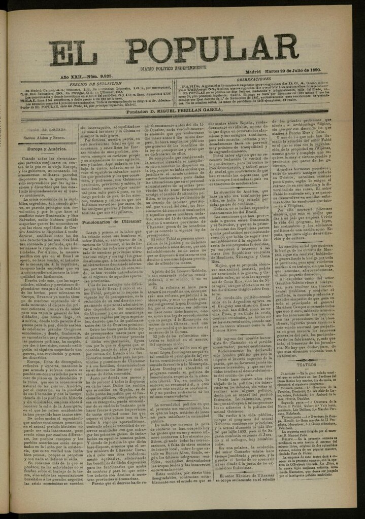 Miniatura de El Popular: diario independiente, político, literario y de noticias de interés general del 29 de julio de 1890, nº 9825