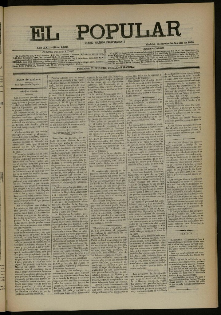 Miniatura de El Popular: diario independiente, político, literario y de noticias de interés general del 30 de julio de 1890, nº 9826