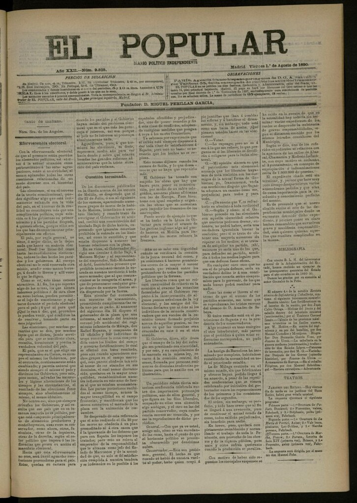 Miniatura de El Popular: diario independiente, político, literario y de noticias de interés general del 1 de agosto de 1890, nº 9828