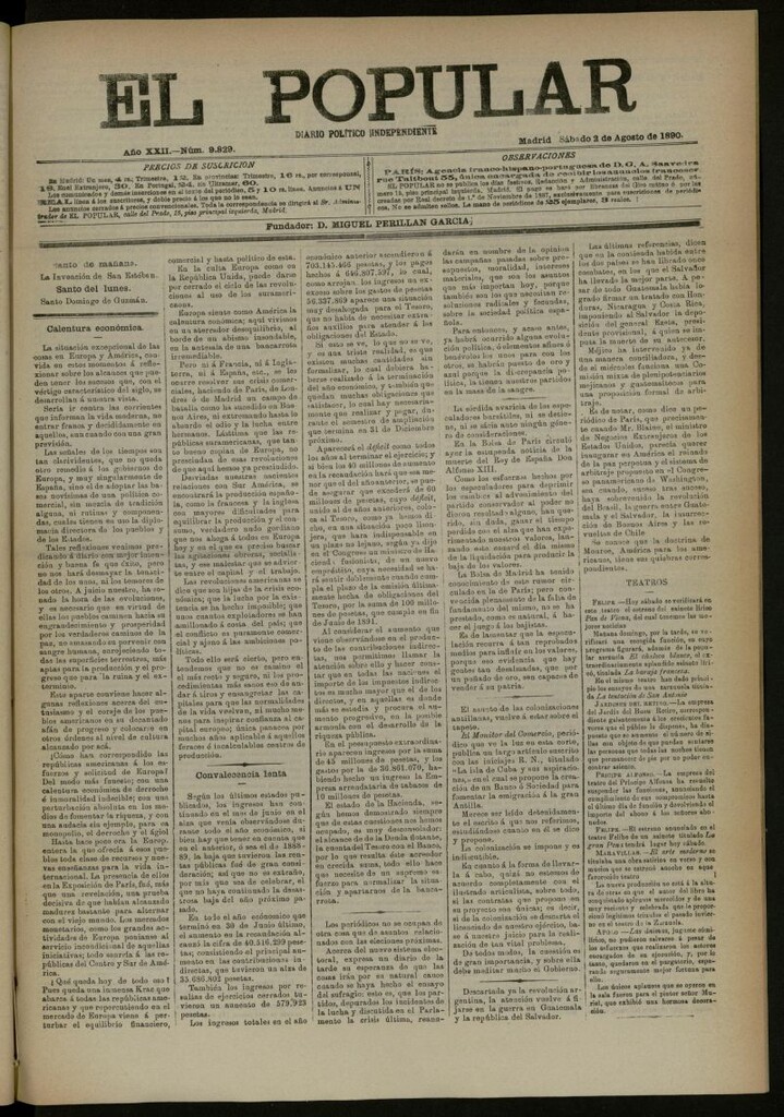 Miniatura de El Popular: diario independiente, político, literario y de noticias de interés general del 2 de agosto de 1890, nº 9829