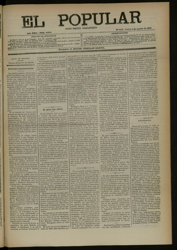 Miniatura de El Popular: diario independiente, político, literario y de noticias de interés general del 4 de agosto de 1890, nº 9830