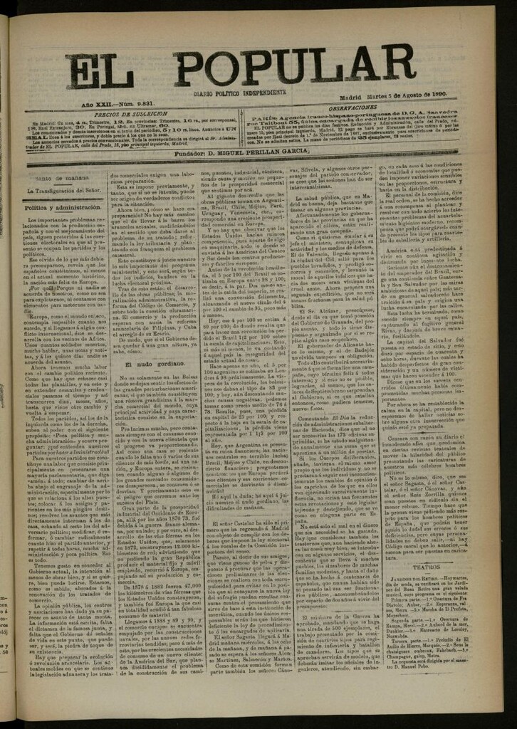 Miniatura de El Popular: diario independiente, político, literario y de noticias de interés general del 5 de agosto de 1890, nº 9831