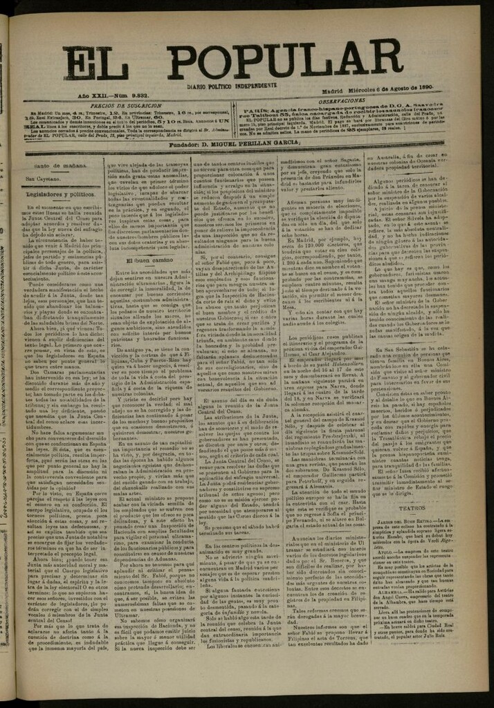Miniatura de El Popular: diario independiente, político, literario y de noticias de interés general del 6 de agosto de 1890, nº 9832